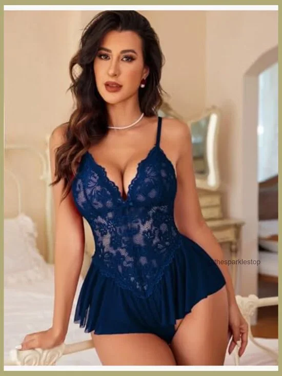 Polyester Spandex Lace Bodysuit Chemise V Neck Sleepwear - Picture 2 of 5